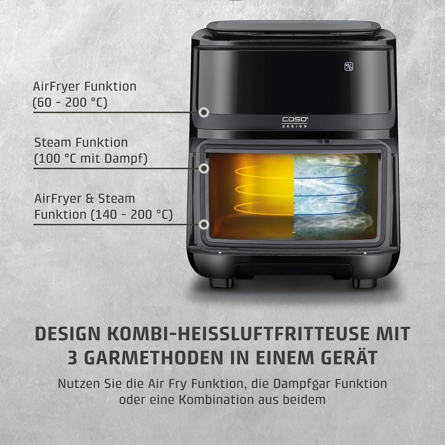 CASO AirFry & Steam 700 - Heißluftfritteuse und Dampfgarer - Testurteil: Sehr Gut, extra großes Korbvolumen 7 Liter, Dampfgarer & Airfryer, Fritteuse ohne Öl/Fett, Schwarz
