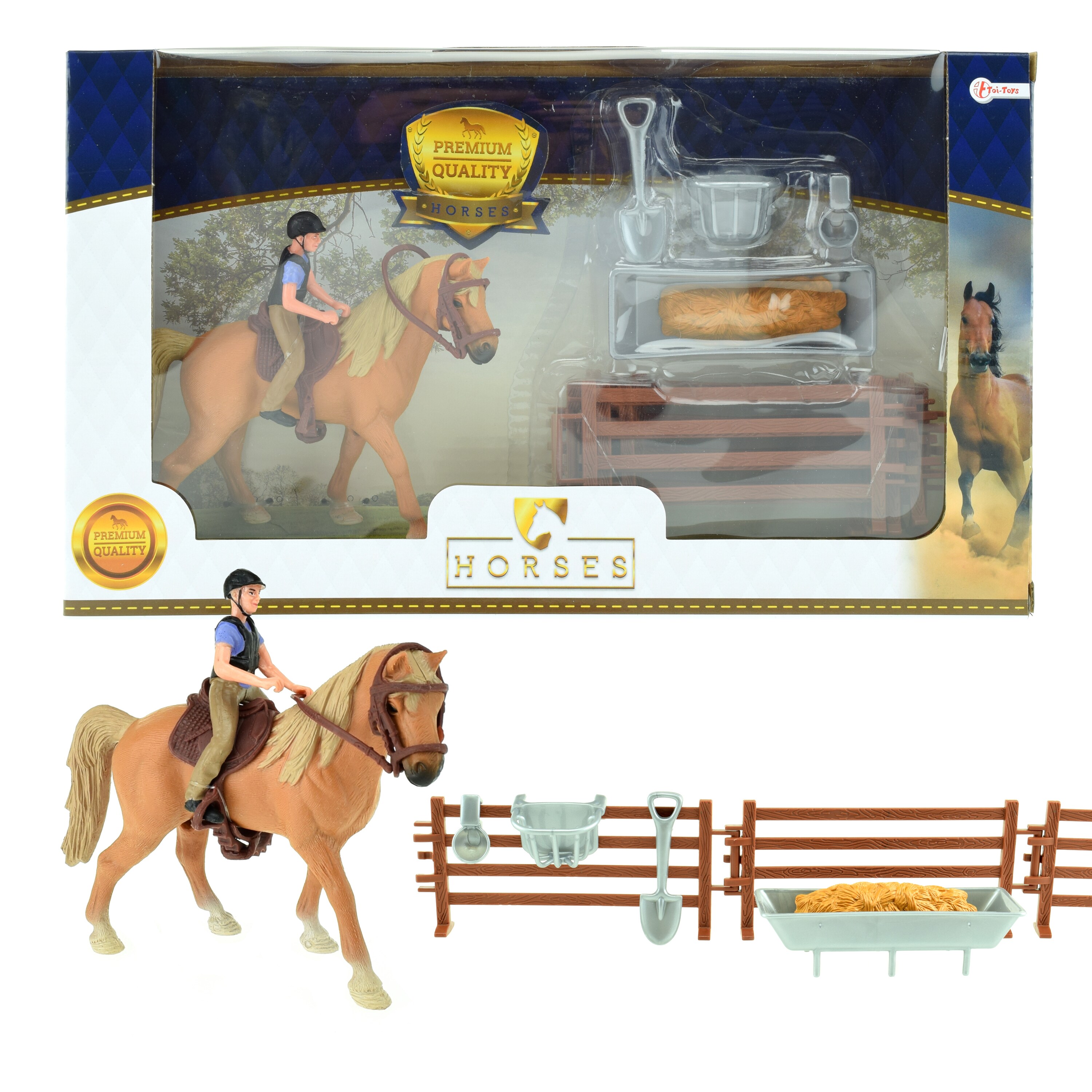 Toi-Toys 37160A- Braunes Pferd mit Reiter und Zubehör Horse Horses Pferdestall Zaun Pferdeset Reiterset