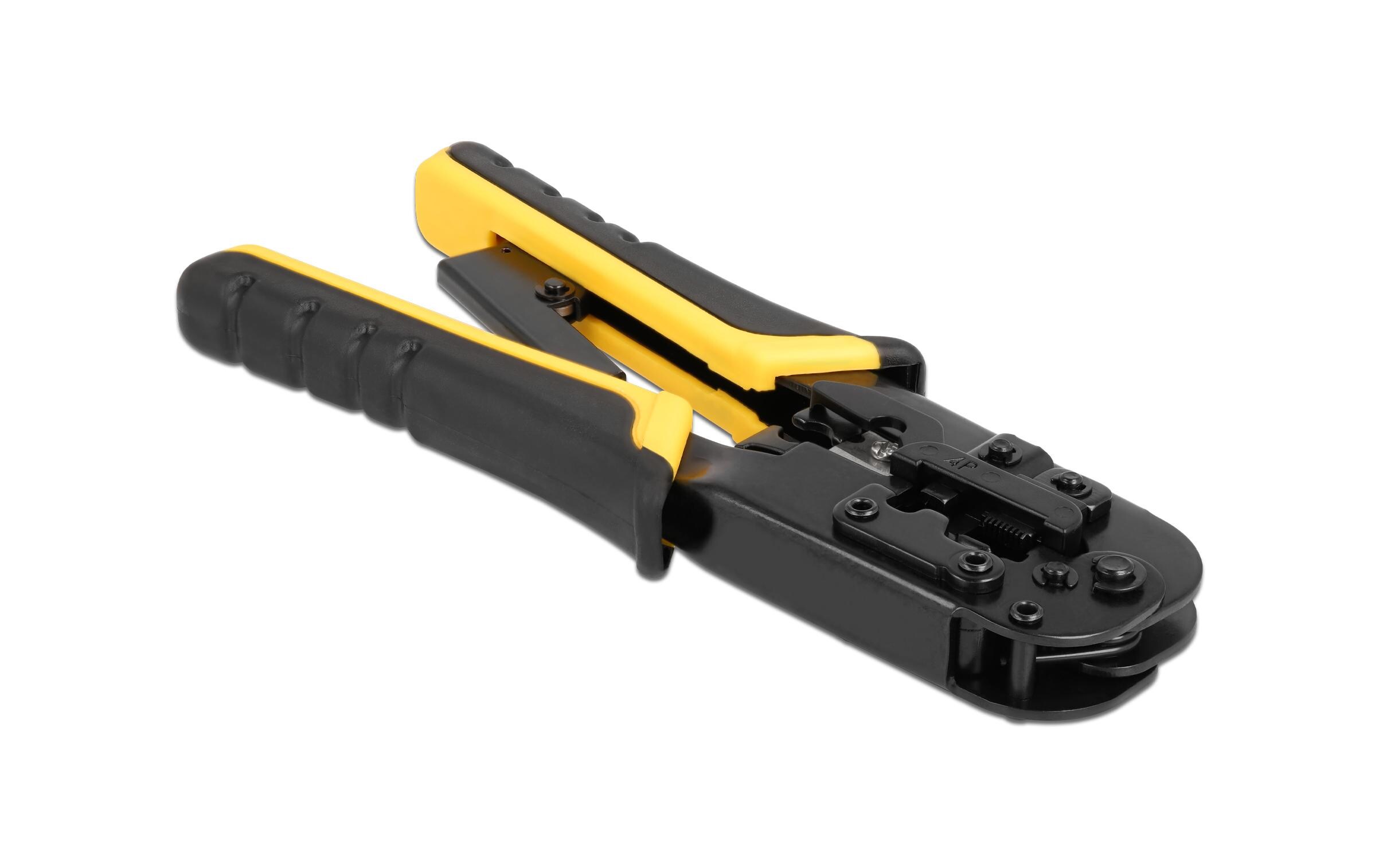 Crimpzange Universell mit AbisoliererDelock Universelle Crimpzange mit Abisolierer für 8P (RJ45), 6P (RJ12/11) oder 4P Stecker