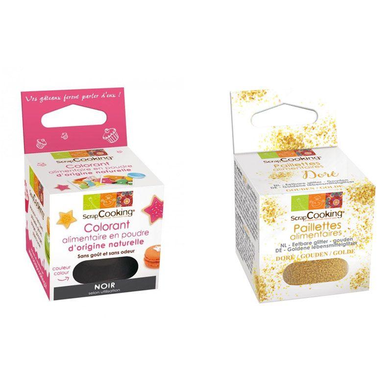 Colorant alimentaire naturel en poudre Noir + paillettes dorées Scrapc