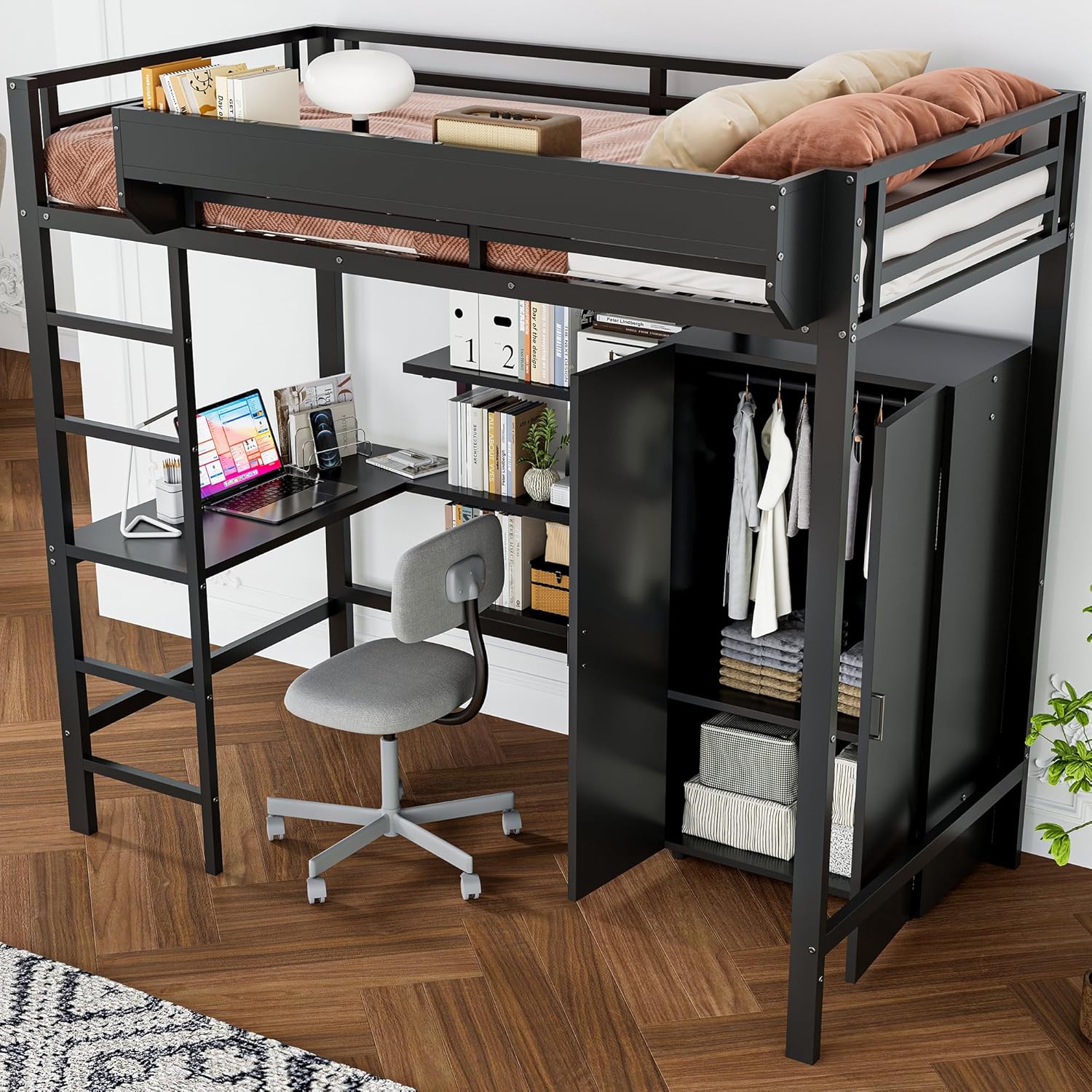 Merax Hochbett 90x200cm mit Schreibtisch, Kleiderschrank & Lagerregal, Stabile Metallbett Etagenbett mit Lattenrost & Rausfallschutz, Platzsparend Stockbett Kinderhochbett Jugendhochbett, Schwarz