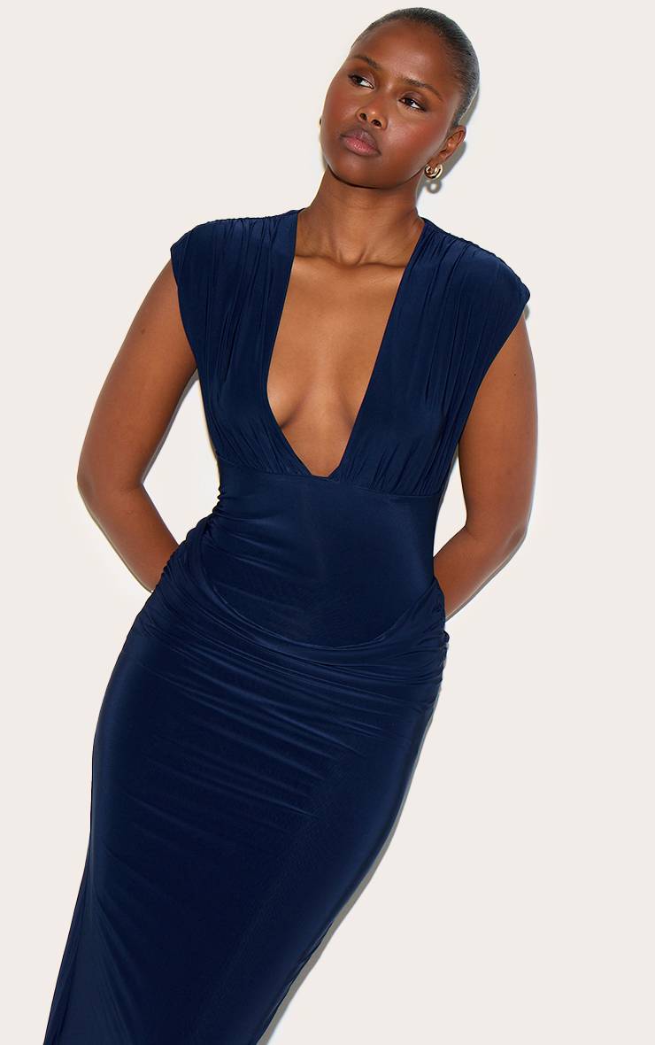 Bleu Marine Robe Longue Drapée À Double Couche Avec Décolleté Plongeant Et Épaules Froncées