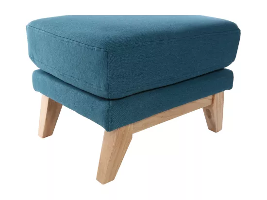 Pouf repose-pieds déhoussable scandinave en tissu bleu canard et bois clair OSLO