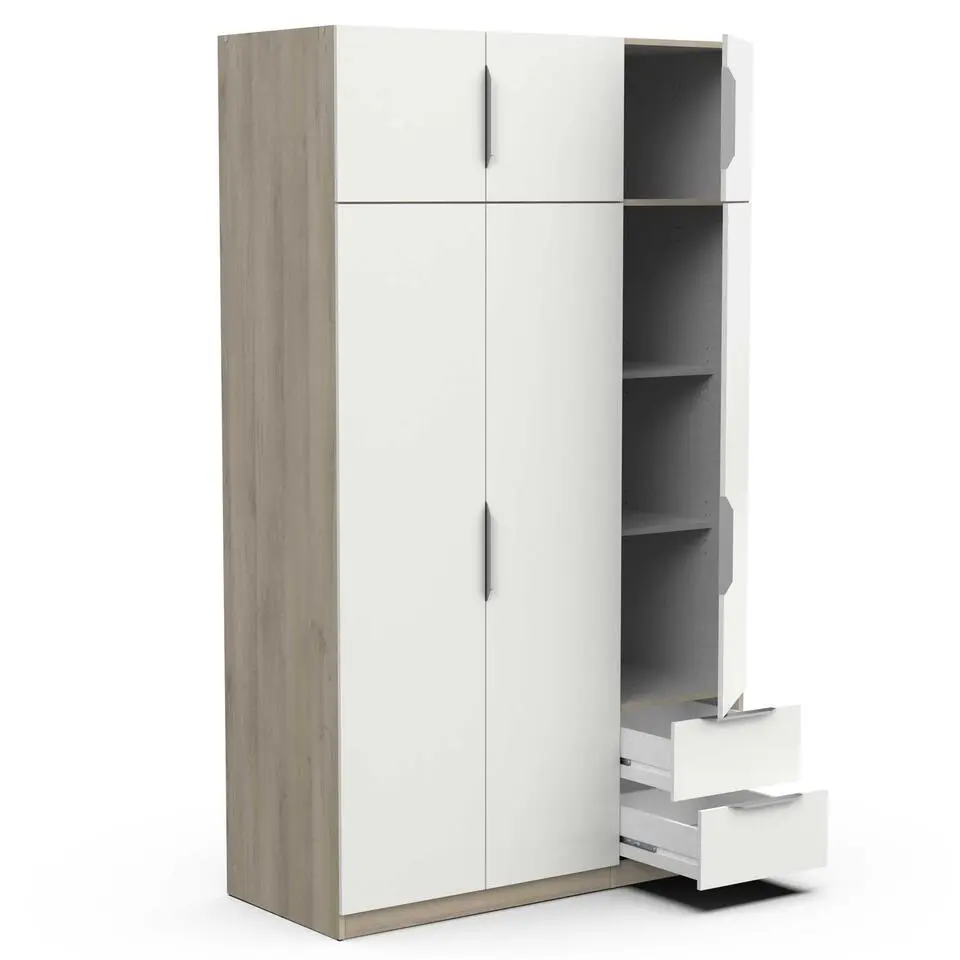 Kledingkast Spectre 120cm 6 deuren & 2 lades - mat wit/eik