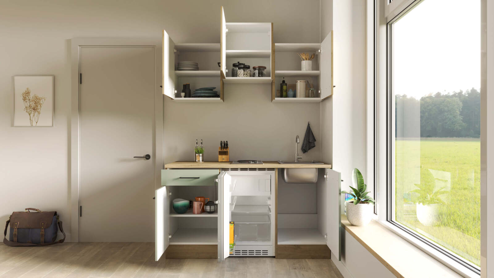Küchenblock CARA - schilfgrün - Artisan Eiche - mit E-Geräten - 150 cm