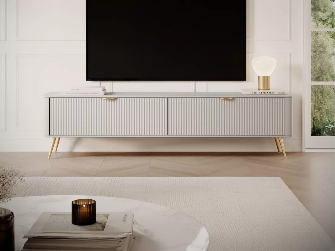 Meuble TV avec 2 portes en MDF - Beige et doré - ELONARIA de Pascal Morabito
