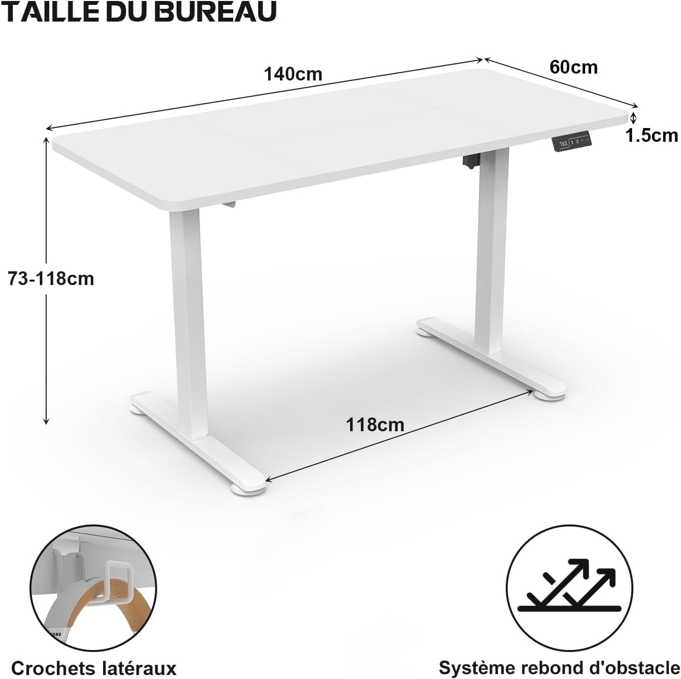 Homall Höhenverstellbarer Schreibtisch mit USB-Buchse 140x60 cm, Computer Stehschreibtisch, Ergonomischer Homeoffice-Tisch (140x60cm, Weiß)