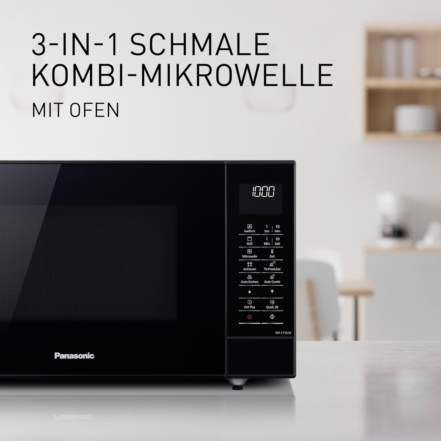 Panasonic NN-CT56JBGPG Slimline-Kombi-Mikrowellenherd mit Grill, Drehteller aus Glas, 27 l, 1000 W, 40/100–220 °C, 23 automatische Programme, Auftauen, 6 Leistungsstufen, digitale LED, Schwarz