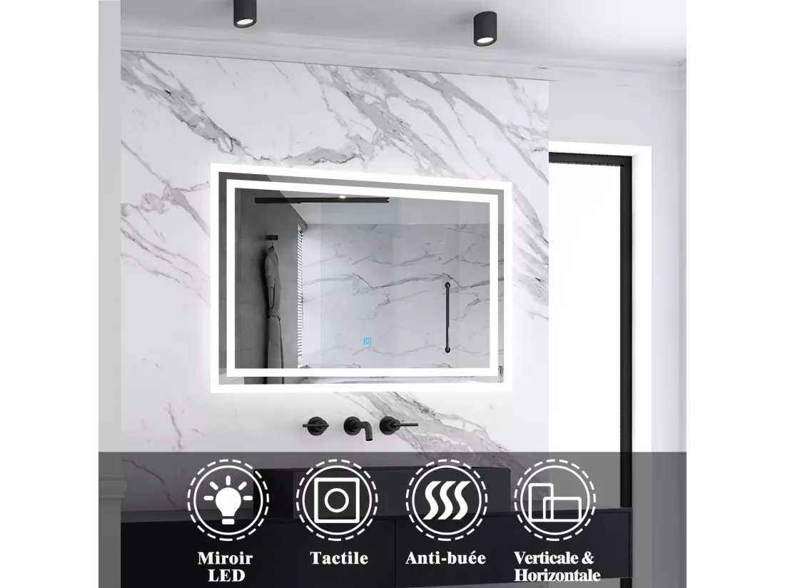 Miroir de salle de bain lumineux 100x60cm acve anti-buée，Mural Miroir - Aica