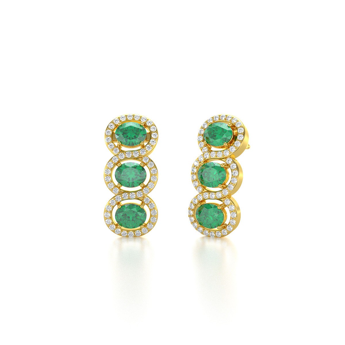 Boucles d'oreilles ADEN Or 585  Jaune Emeraude forme Ovale et Diamants 4.55grs