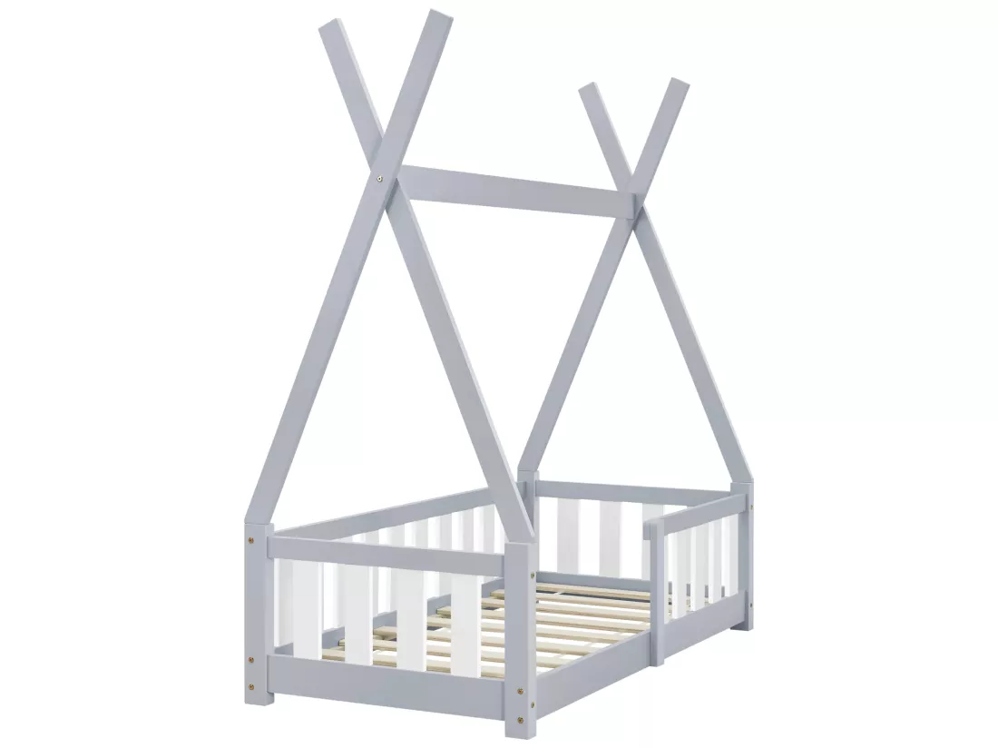Lit Tipi pour Enfants Helsingborg avec Grille de Sécurité Pin 140 x 70 cm Gris Clair [en.casa]