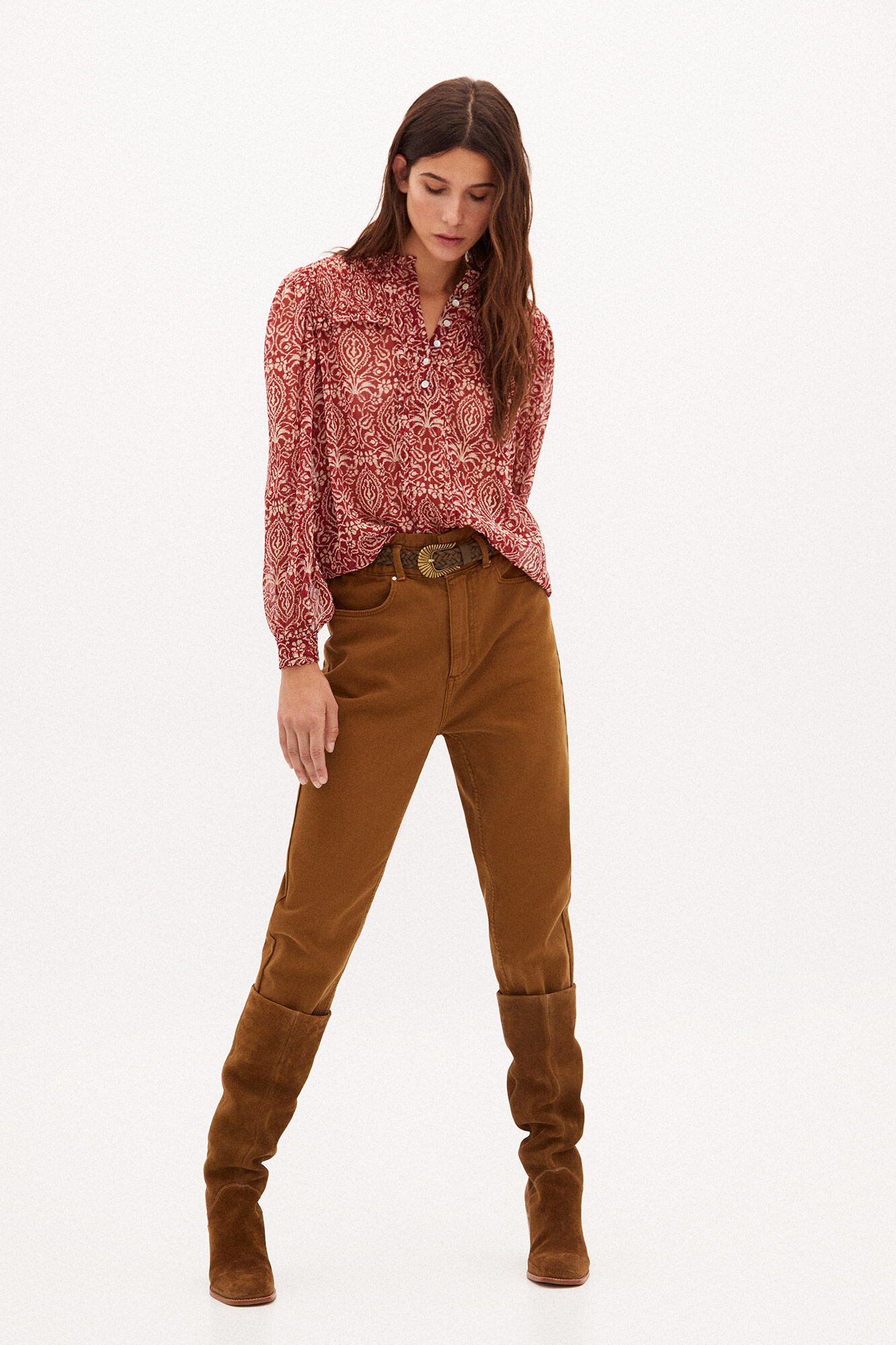 Blusa Sadie Flowy com estampa Lurex - Bege