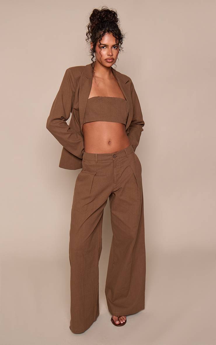 Marron Foncé Ensemble Coordonné Pantalon Tailleur Aspect Lin
