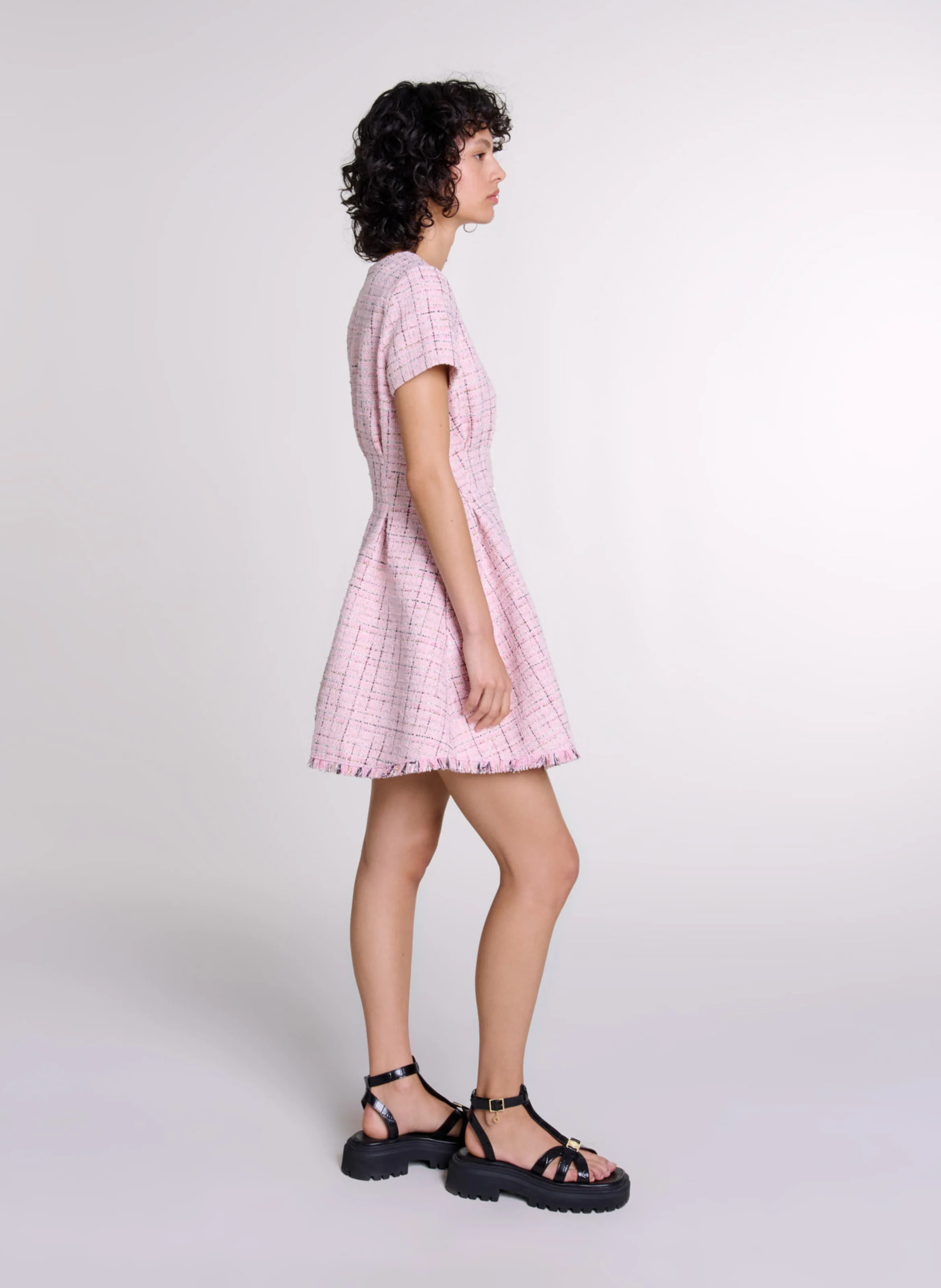 Robe courte col V en tweed | Rose