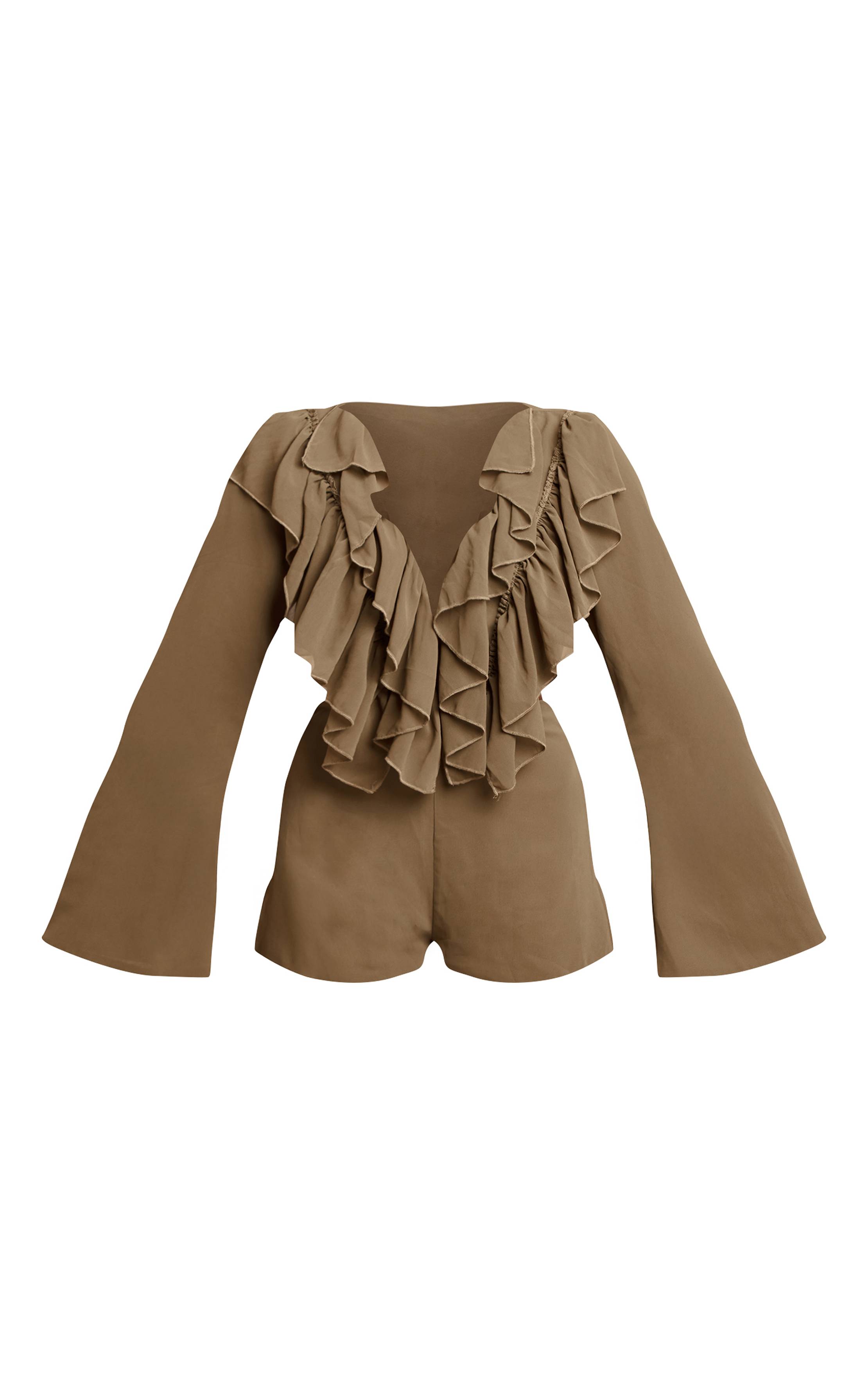 Vert Olive Combinaison-short Col V À Détails Volantés