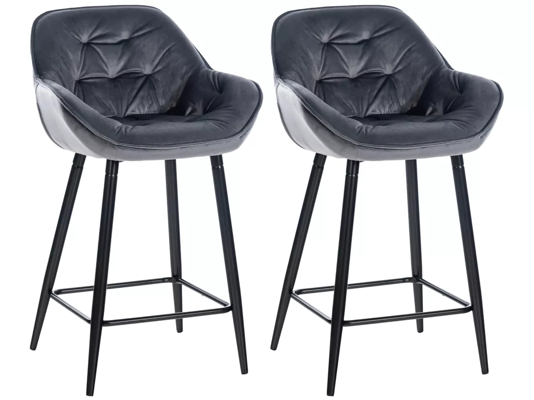 Lot de 2 Tabouret de bar - Velours & Métal noir mat - Gris foncé - Gibson