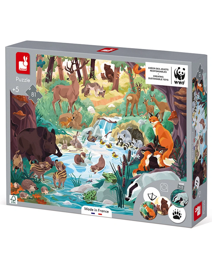 Janod-WWF® Edukativ-Puzzle WALDTIERE 81-teilig mit Suchspiel