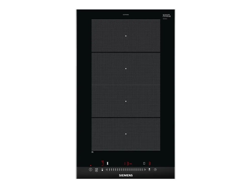 Siemens iQ700 EX375FXB1E - Induktions kogeplade - 2 plader - Niche - bredde: 27 cm - dybde: 49 cm - med rustfrit stål-sidepynt, - med facetteret frontkant - børstet aluminium/sort