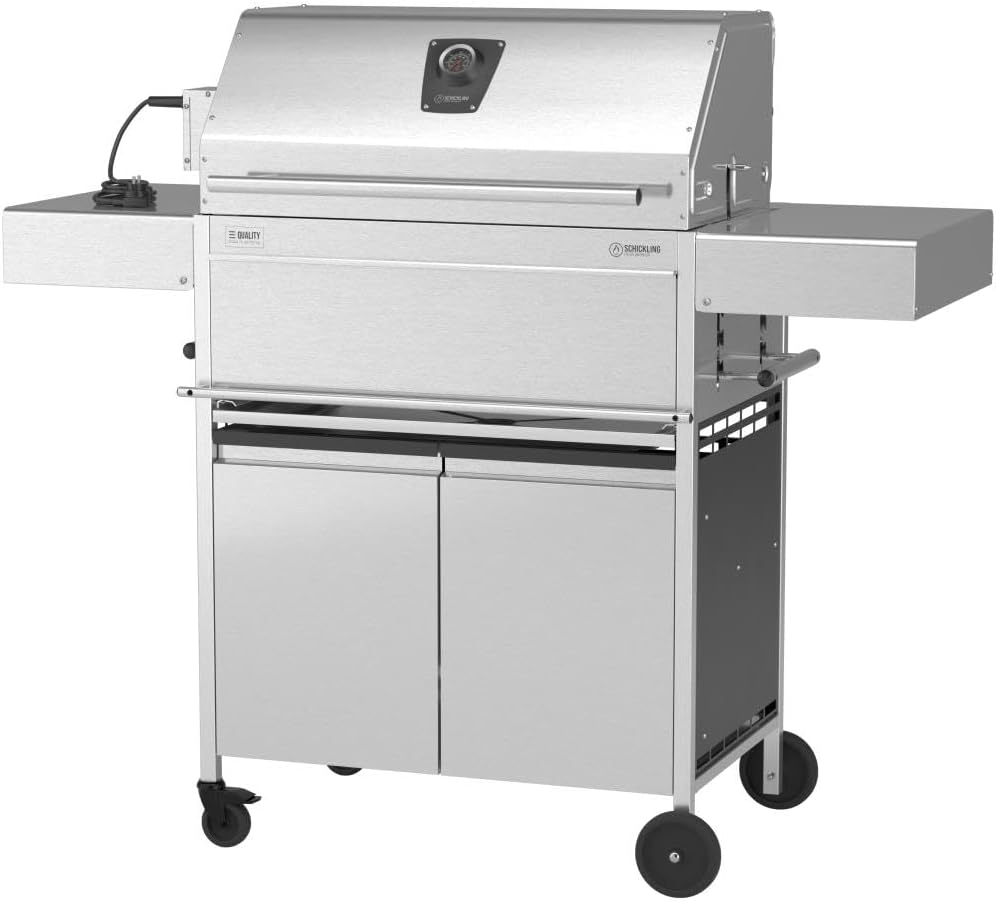 Schickling Holzkohlegrill 'Walter XL - Pro' Grillwagen BBQ Holzkohlegrill aus rostfreiem Edelstahl mit doppelwandigem Deckel - Made in Germany, mit Drehspieß & Backburner, Grillfläche: 71 x 45 cm