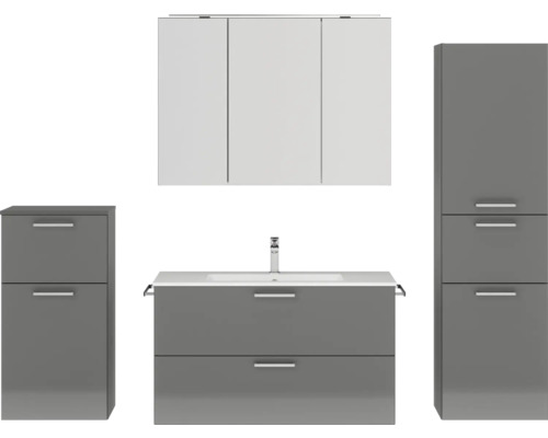 Badkamermeubelset NOBILIA Programma 2 BxHxD 210 x 169,1 x 48,7 cm, fronten hoogglans grijs, met wastafelmeubel en 3-deurs spiegelkast met ledverlichting, onderkast, halfhoge kast, greep mat chroom, 277
