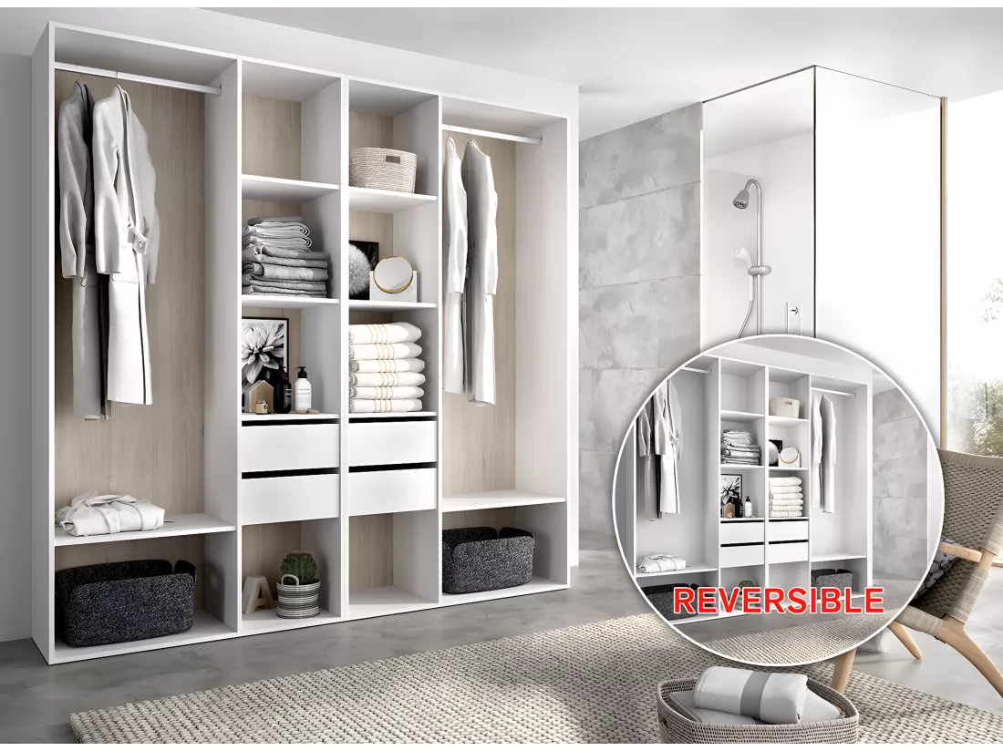 Ensemble dressing avec 4 tiroirs et fond d'arrière réversible coloris chêne naturel, blanc - Longueur 196 x Profondeur 45 x Hauteur 205 cm