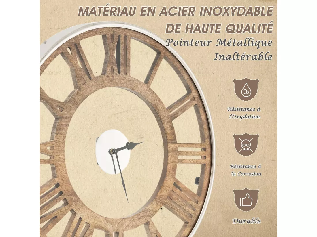 Horloge murale silencieuse de 51 cm, horloge ronde pour chambre bureau salon, bois naturel