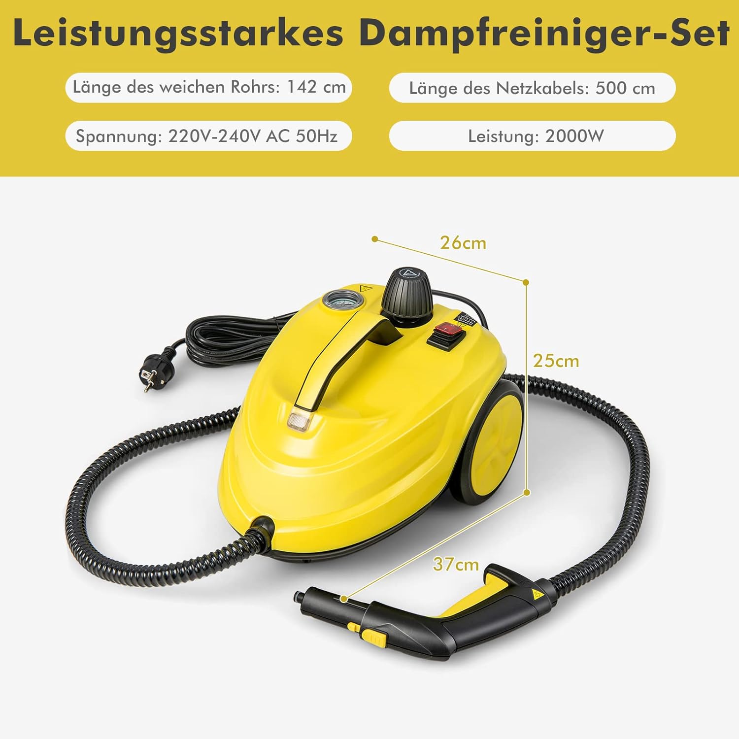 COSTWAY Dampfreiniger 2000W, Dampfdruck: max. 5 bar, Temperatur bis zu 160℃, Flächenleistung: 108 m², 1,8L Tank, Aufheizzeit: 8 Min., Dampfgeräte inkl. 13 Zubehör & 5m lange Netzkabel (Gelb)