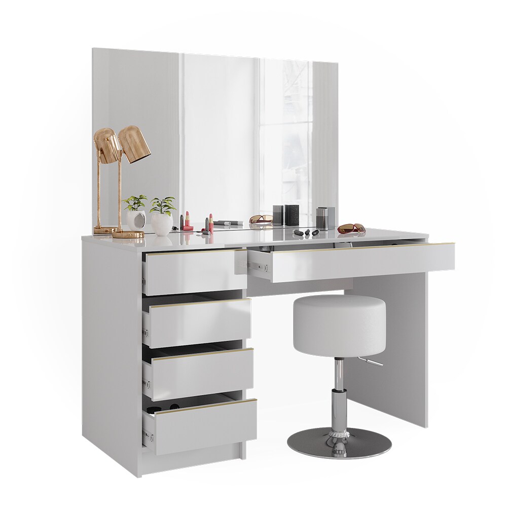 Vicco Schminktisch Sherry Weiß Hochglanz Gold 120 x 75 cm 5 Schubladen Spiegel Hocker