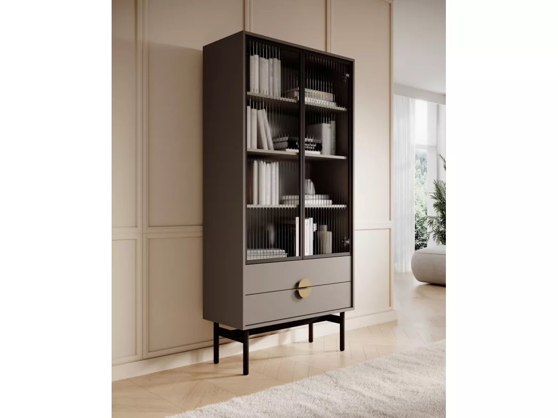 Vitrine haute - 85 cm - avec quatre étagères et tiroirs - gris pierre - STOON