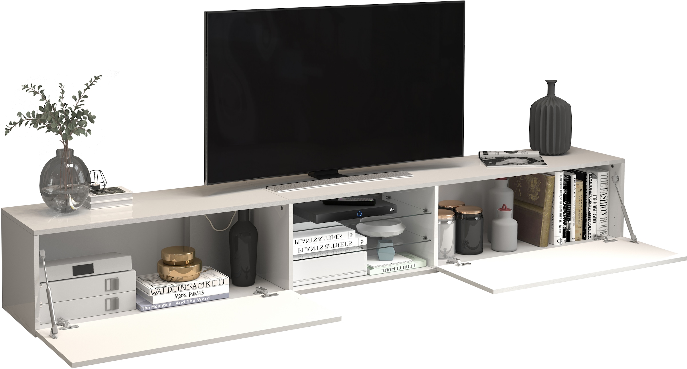 INOSIGN Lowboard »Egypt,Lowboard,TV-Kommode,TV-Möbel,TV-Bank« mit 2 Klappen, 2 Glasböden,kompl. Hochgl. lackiert (B/T/H)240x38x35 cm
