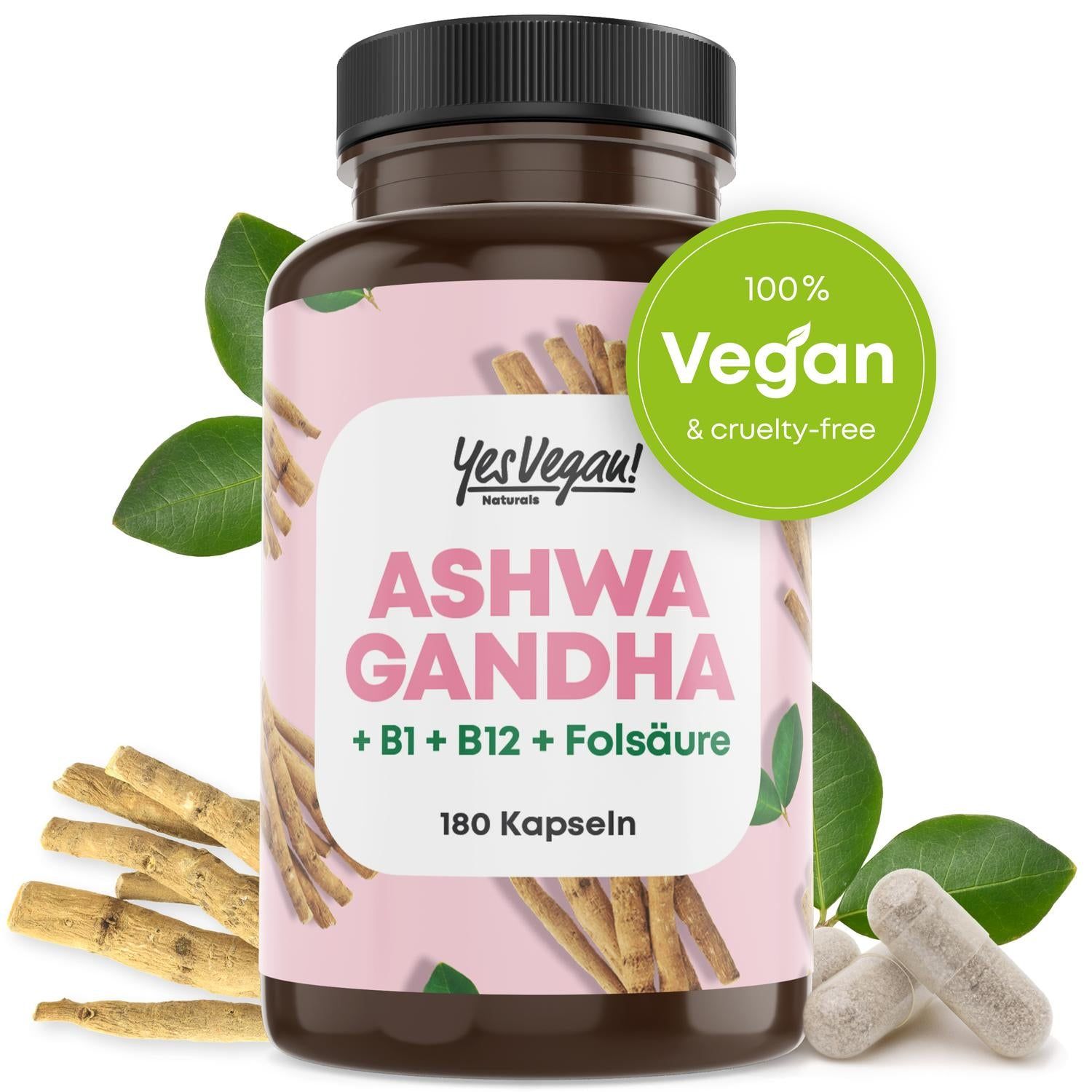 Ashwagandha Kapseln (180 Stück) hochdosiert mit Ashwagandha hochdosiert, Vitamin B12 B1 B6