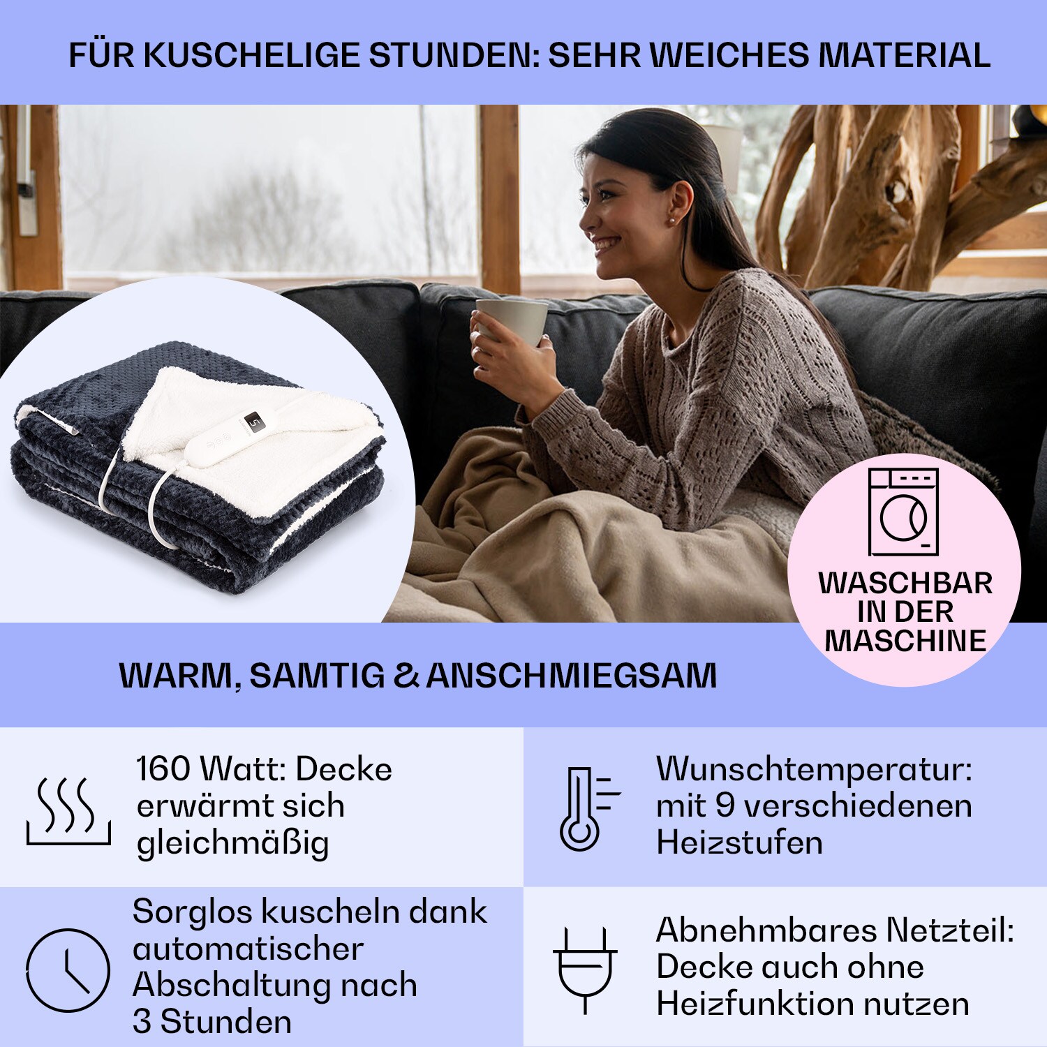 Dr. Watson Deluxe XL Heizdecke 160 W 9 Temperaturstufen 180 x 130 cm Anthrazit XL