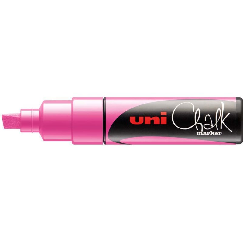 Marqueur craie uniball chalk pointe biseautee large 8mm ideale ardoise vitrine resiste pluie coloris rose fluo