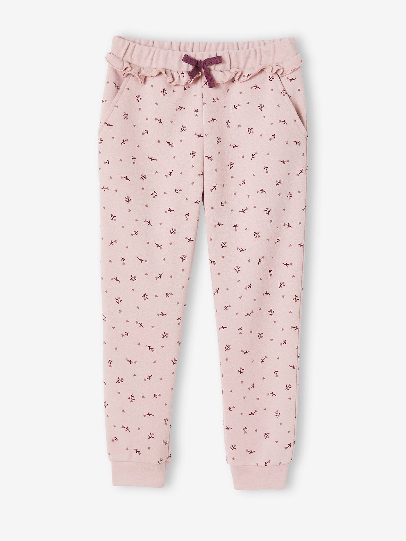 Calça de moletom com babados e estampa floral, estampa azul escura, para meninas.