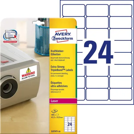 Avery Zweckform L6141-20 Kraftkleber-Etiketten, 63,5 x 33,9 mm, 20 Bogen/480 Etiketten, weiß