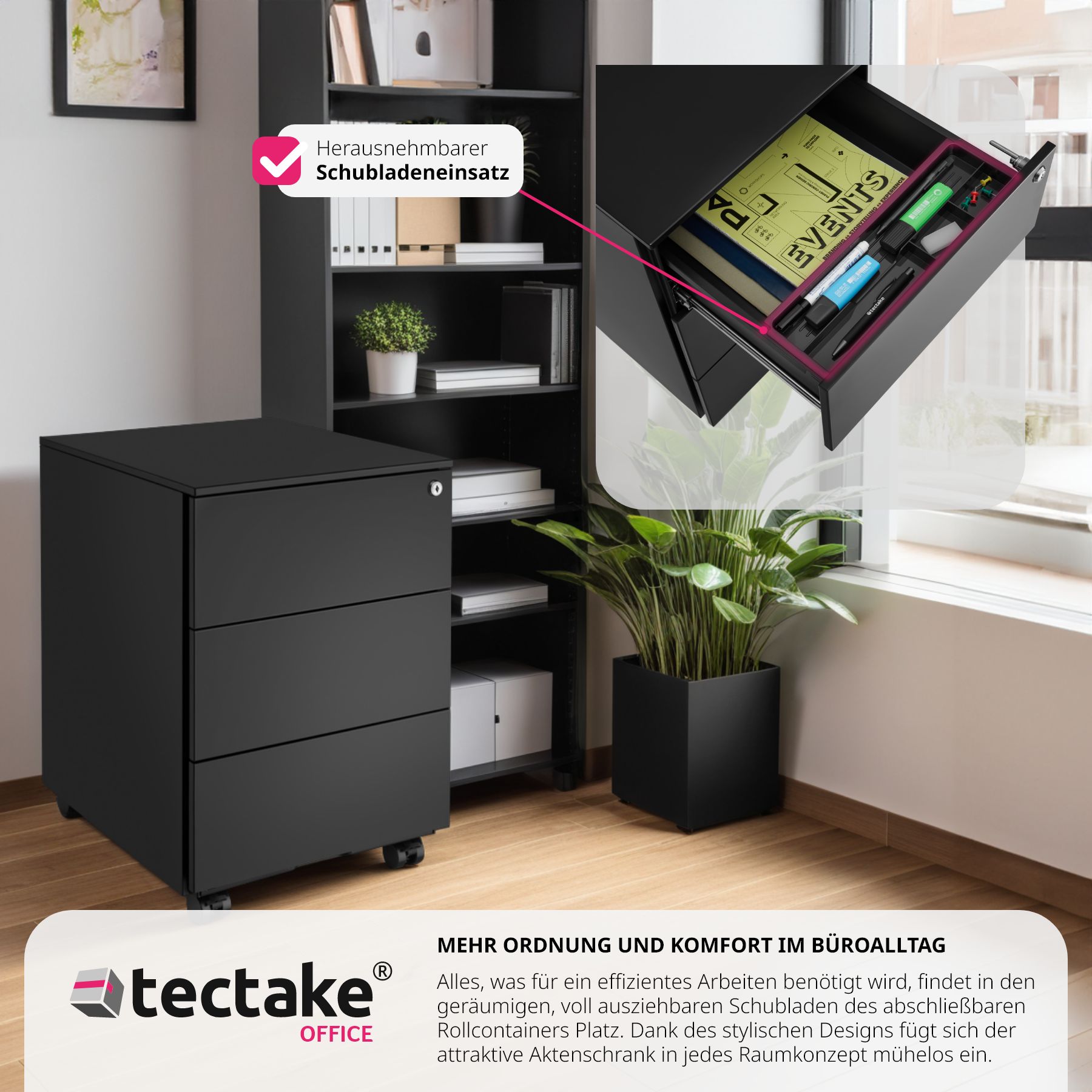 tectake® Aktenrollschrank, aus pulverbeschichtetem Stahl, herausnehmbarer Einsatz für Büroutensilien, 39 x 45 x 55 cm