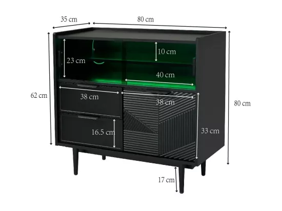 Buffet, vitrine avec 2 tiroirs, 1 porte en bois et 2 portes coulissantes en verre - 80 x 35 x 80 cm - Bois MDF - Noir
