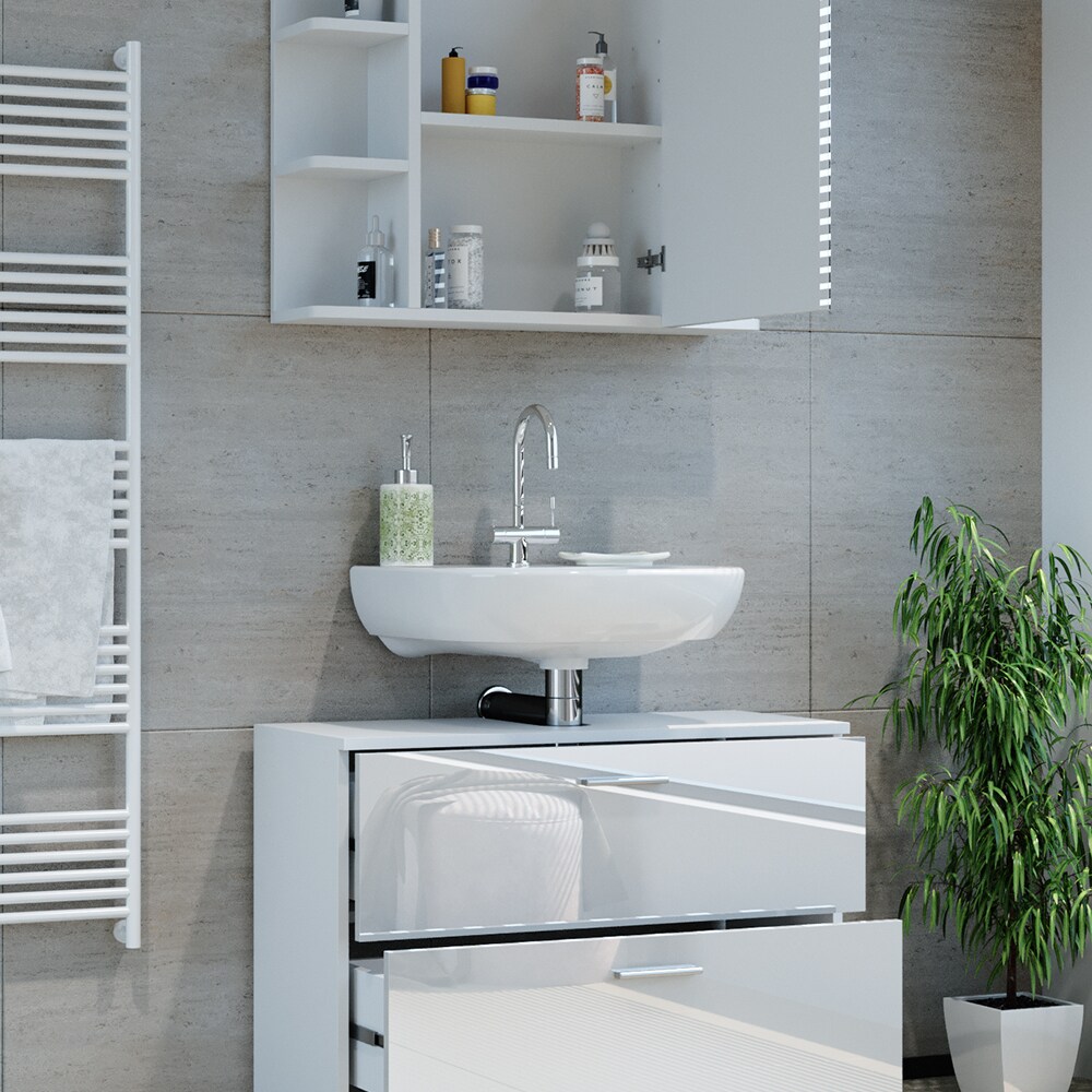 Vicco Badmöbel-Set Ilias Weiß Hochglanz modern Waschtischunterschrank Spiegelschrank