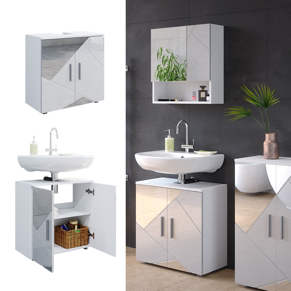 Vicco Spiegelwaschtischunterschrank Waschbeckenunterschrank Badschrank Irma Weiß Hochglanz modern 60x59 cm Badezimmer Schrank Badmöbel Schranktür Schrankfach Ablage Aufbewahrung Dekospiegel