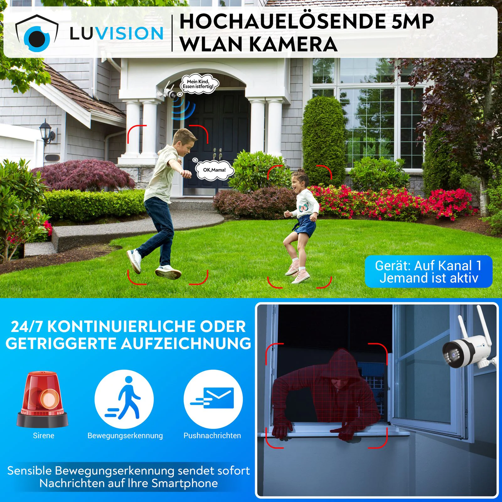LUVISION Dual WLAN PTZ Überwachungssystem mit Monitor 5MP, Mikrofon, Sirene, Nachtsicht, Bewegungsverfolgung