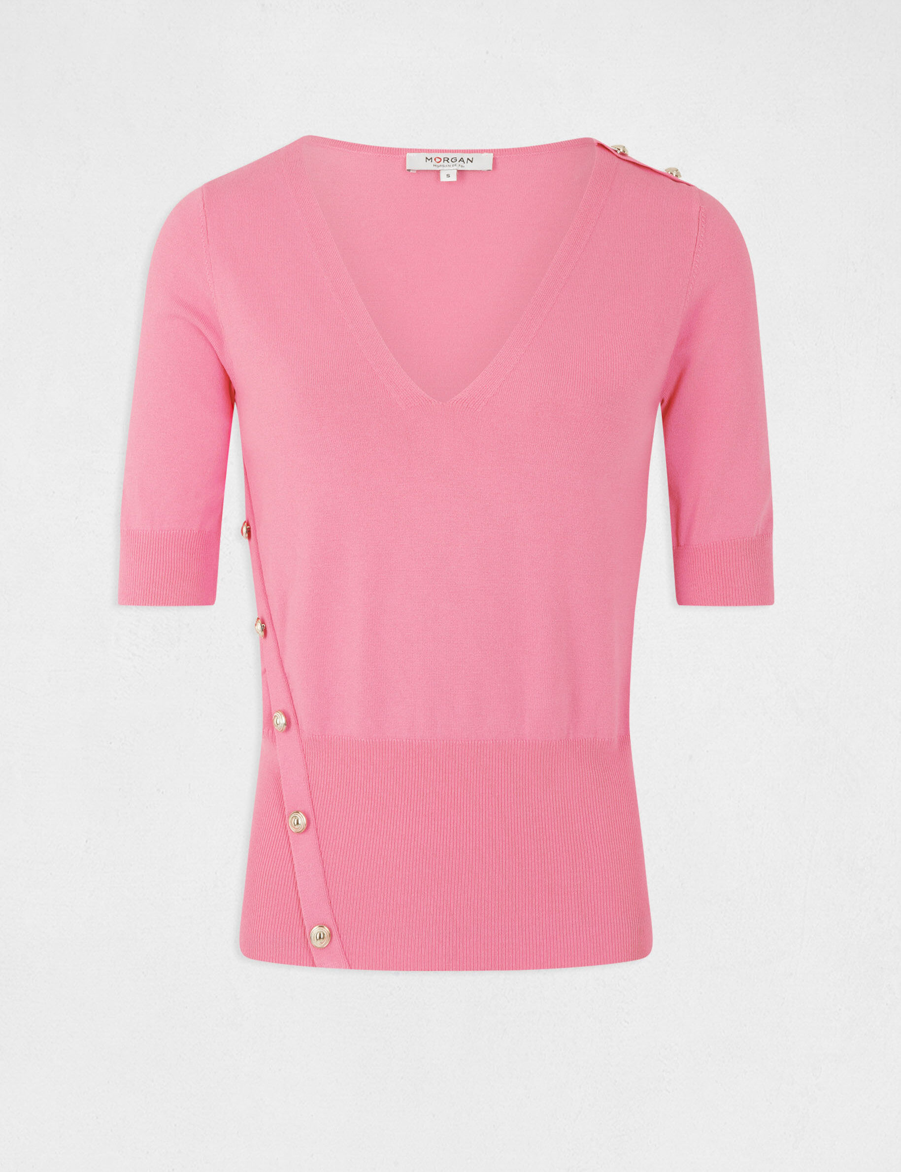 Pull manches 3/4 avec boutons rose femme - rose