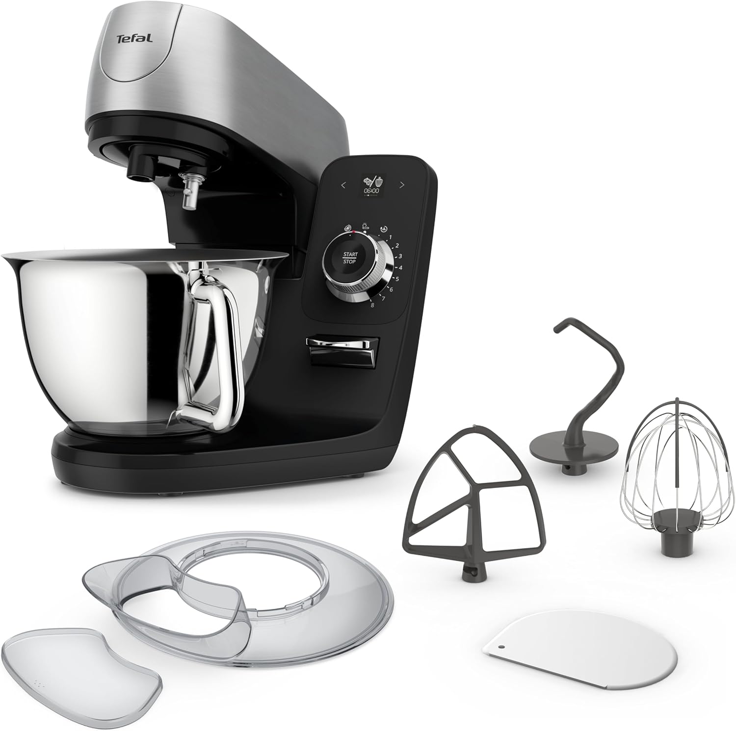Tefal Coach Küchenmaschine, 1200 W, 8 Auto-Programme, inkl. Back-Zubehör und App, personalisiertes Erlebnis, planetarisches Rührsystem, Schwarz/Silber, QB900838