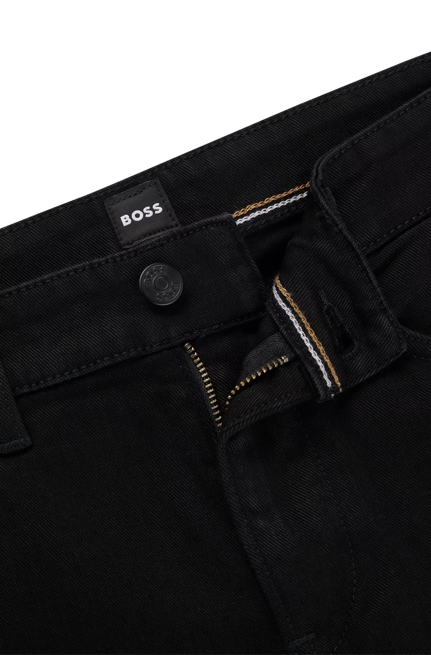 Calça jeans BOSS preta, corte slim, em denim italiano supermacio.