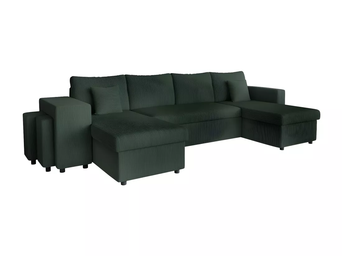 Canapé panoramique Oslo convertible avec 2 coffres, 2 poufs à gauche en velours côtelé vert foncé - L311 x P146 x H81cm - Loungitude
