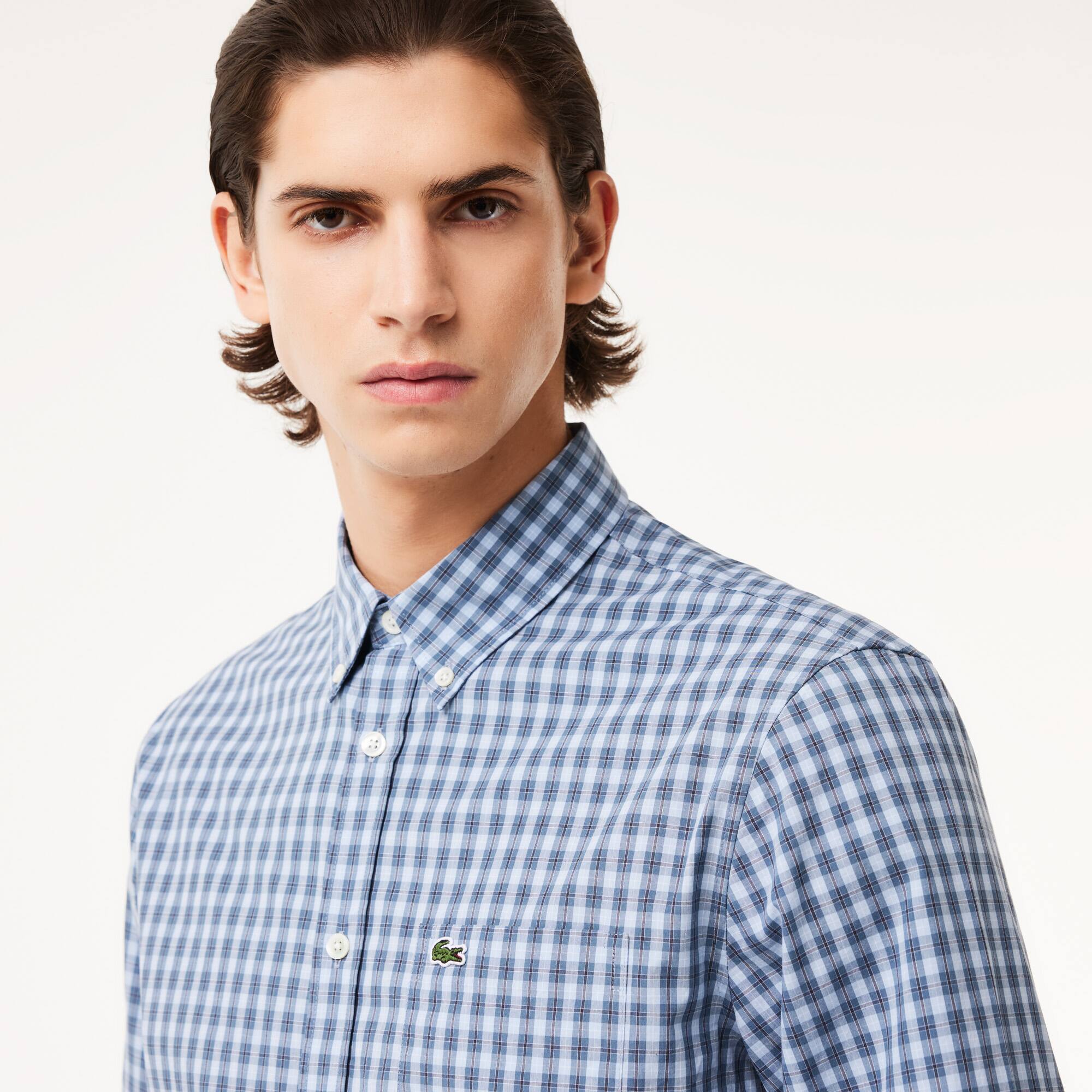 Chemise à carreaux en popeline Manches Longues - Bleu - Lacoste - Homme