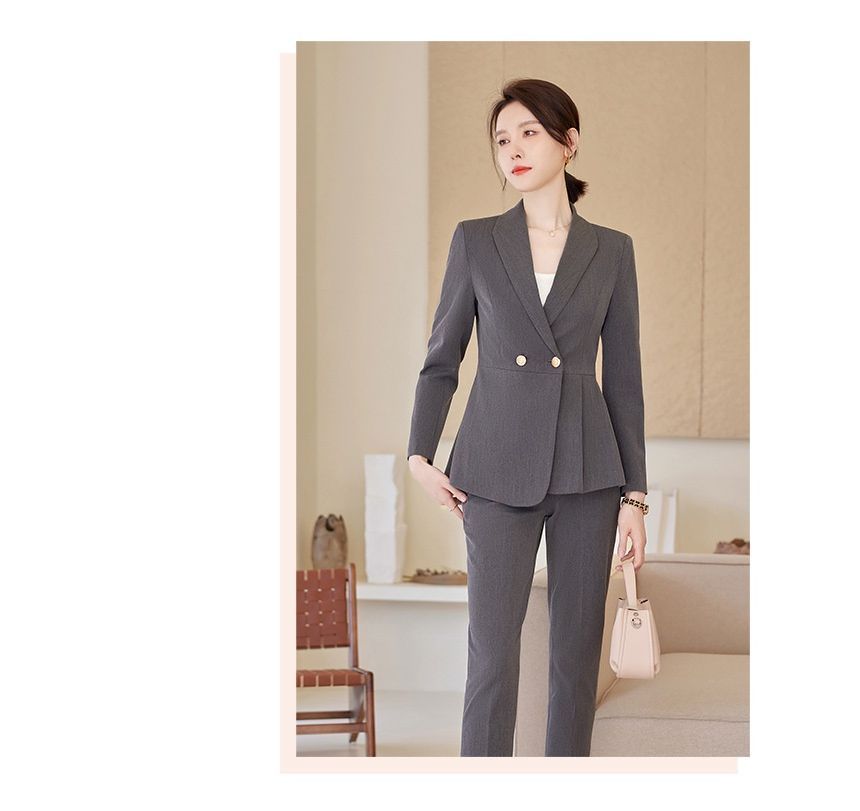 Princess Min - Effen dubbelrijs blazer / Hoge taille effen rechte broek