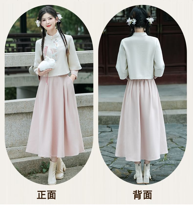 CosmoCorner - Traditionele Chinese crop top met lange mouwen, opstaande kraag en bloemenborduursel in twee delen / hoge taille effen midi-A-lijn rok
