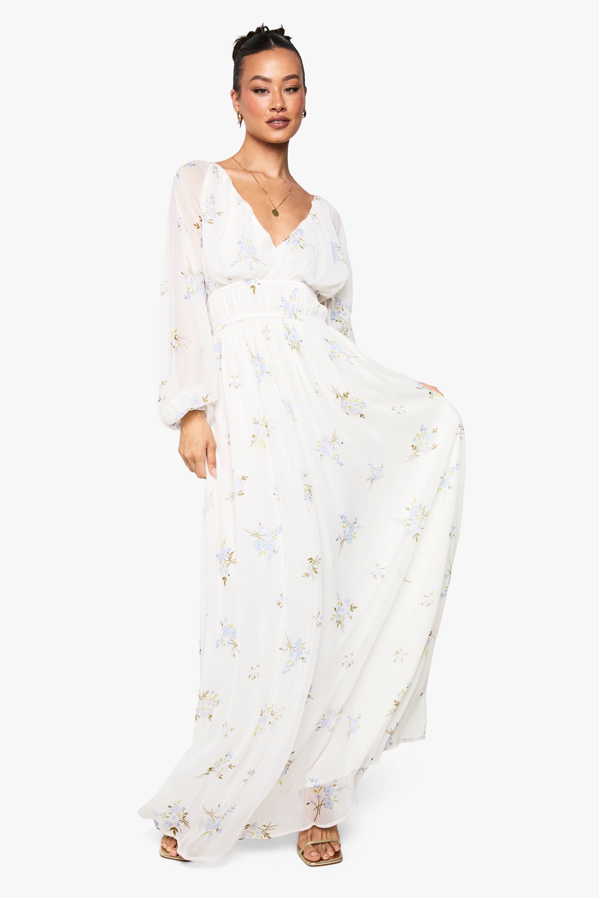 boohoo Robe Longue En Mousseline Florale Taille Haute Pour Grandes Tailles Avec Manches Volumineuses Et Taille Froncée
