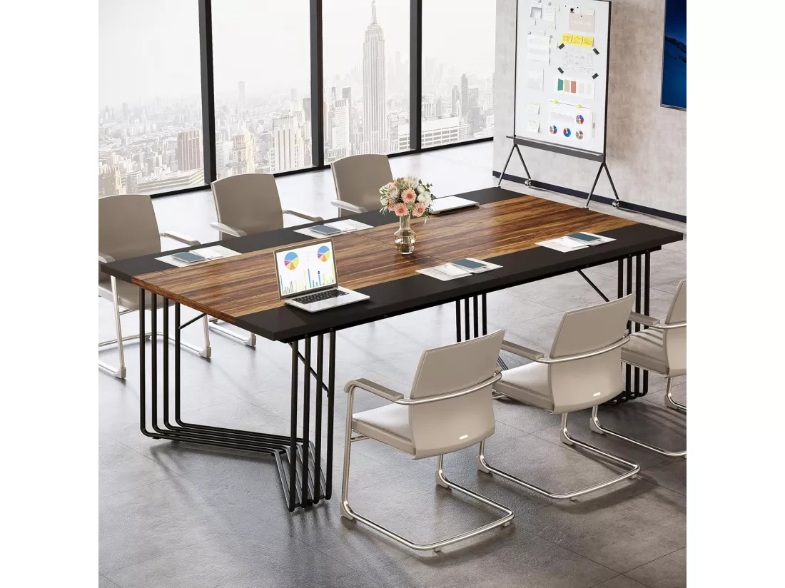 Tribesigns Bureau 200 cm pour 2 personnes avec structure géométrique solide en métal - Table de réunion ou de séminaire pour 8 à 10 personnes - Marron rustique