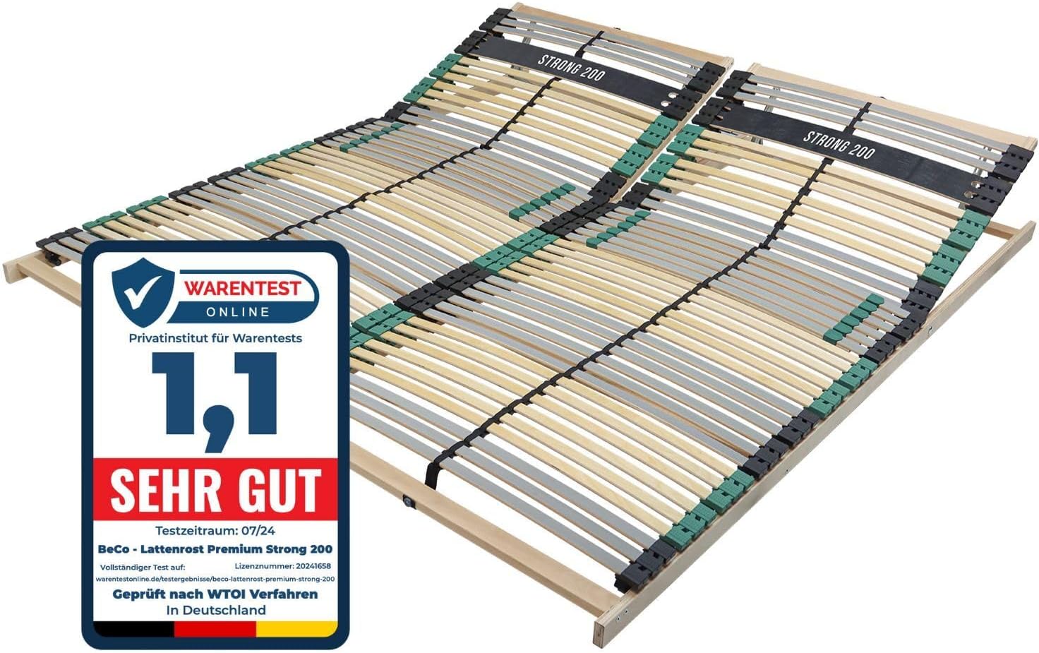 Lattenrost 160x200 Premium Strong bis 200Kg, Kopfteil verstellbar, 7-Zonen-Lattenrost mit 42 Latten, Made in Germany, extra stabil aus Buchenholz
